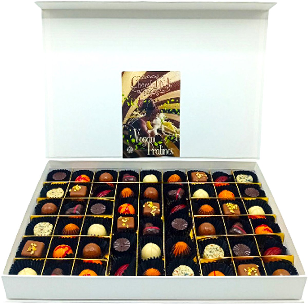 VEGAN pralines-ChocolaDNA-heel groot(54)-Wit Vegan-glutenvrij-Chocoladetuffels_Bonbons_Ambachtelijke chocolade_Luxe bonbons_Chocolade cadeau_Geschenkdoos chocolade_Vegan chocolade_Pralines_Verjaardag_Moederdag_Vaderdag_Valentijn Bedankt_Vegatarisch