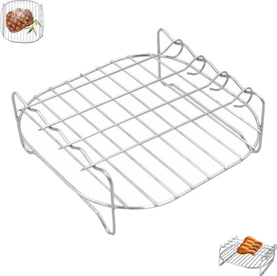 Airfryer accessoire grillrooster - Roestvrijstalen grillpan - Zilver - Dubbellaags grillrooster - Met 4 grillroosters - Airfryer rooster - Dubbellaags airfryer rooster - Dubbellaags kookroosterset