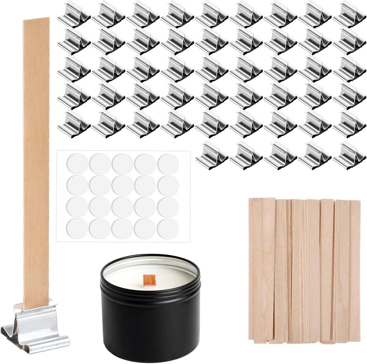 150 Stuks Houten Kaarslonten voor DIY Kaarsen Maken, Inclusief 50 Stuks IJzeren Steunen en Accessoires voor Creatieve Projecten