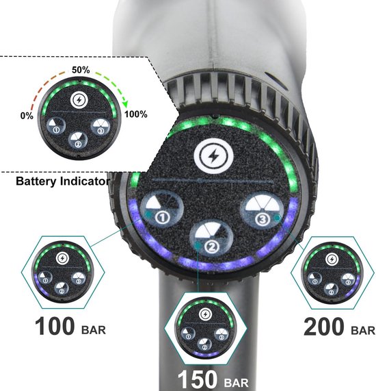 Hogedrukreiniger, werkt op batterijen, 21 V max. 200 bar, draagbare hogedrukreiniger met 3,0 Ah accu, Press & Clean reinigingspistool met lcd-display en 3 snelheden (zwart met 2 batterijen) — afbeelding 5