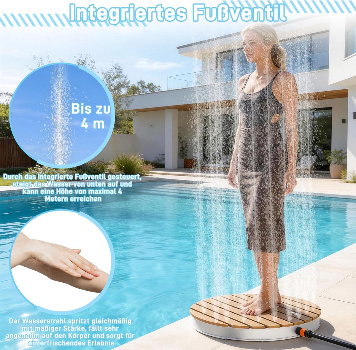 AufuN tuindouche buitendouche gemaakt van WPC/Aluminium, mobiele douche op de vloer, camping douche met anti-slip basis, sauna douche voor camping, tuin, zwembad douche (rond, bruin) thumbnail 6