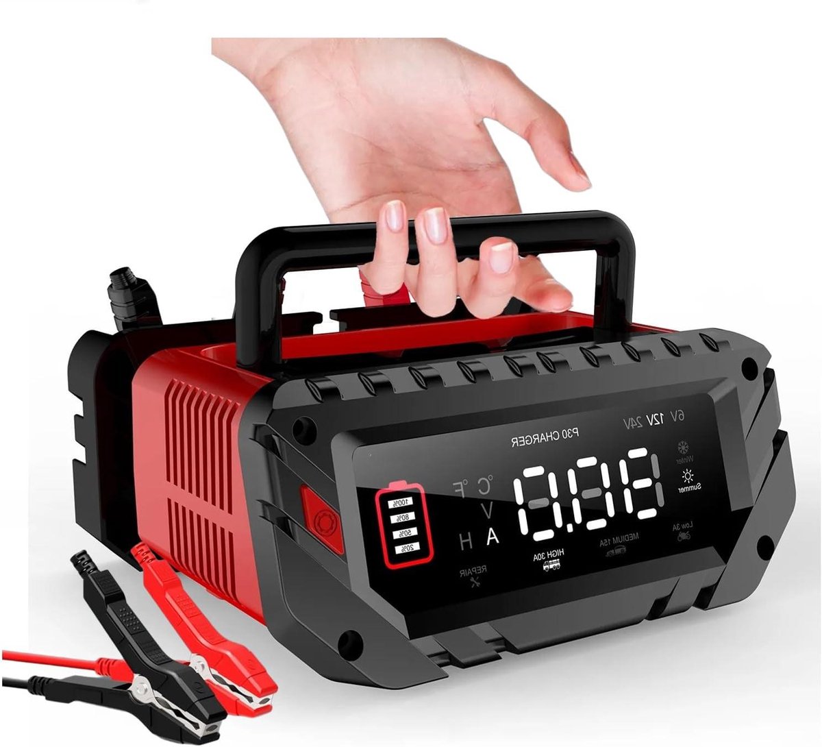 Slimme Acculader - Oplader Onderhouder - Accu Repareren Opladen - 9-Traps Pulsreparatie - 30A 420W - rood