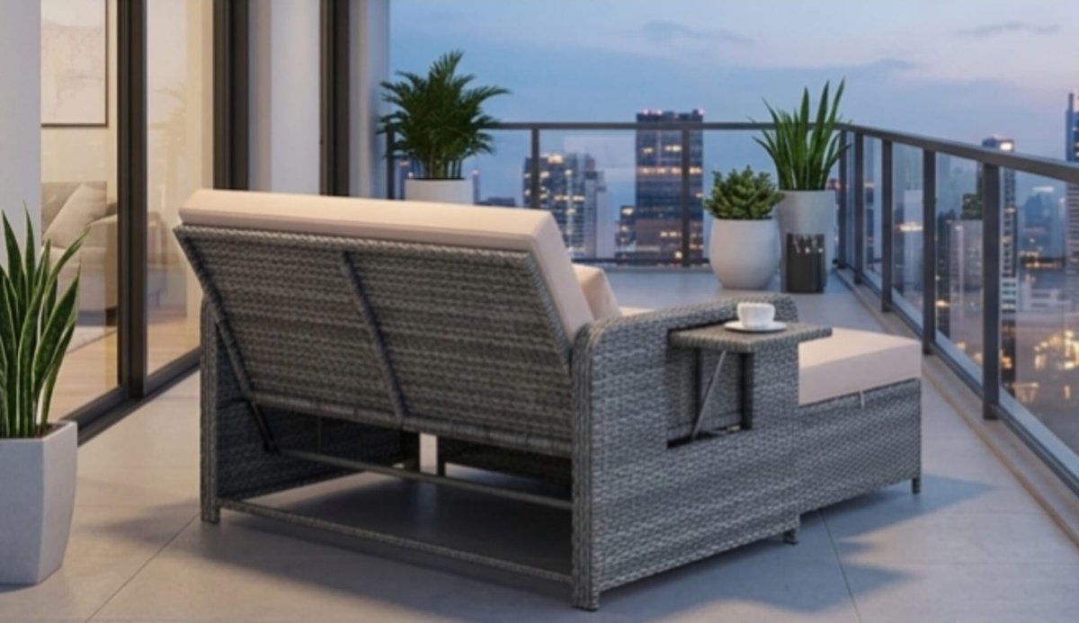 Zonneligbed 2 Personen 166x166x55 cm 3-in-1 met Verstelbare Rugleuning, Opbergruimte en Zijplanken – Polyrotan Loungebed, Tuinbank en Ligstoel met Kussens – Bruin/Grijs Gemêleerd – Urbanhome
