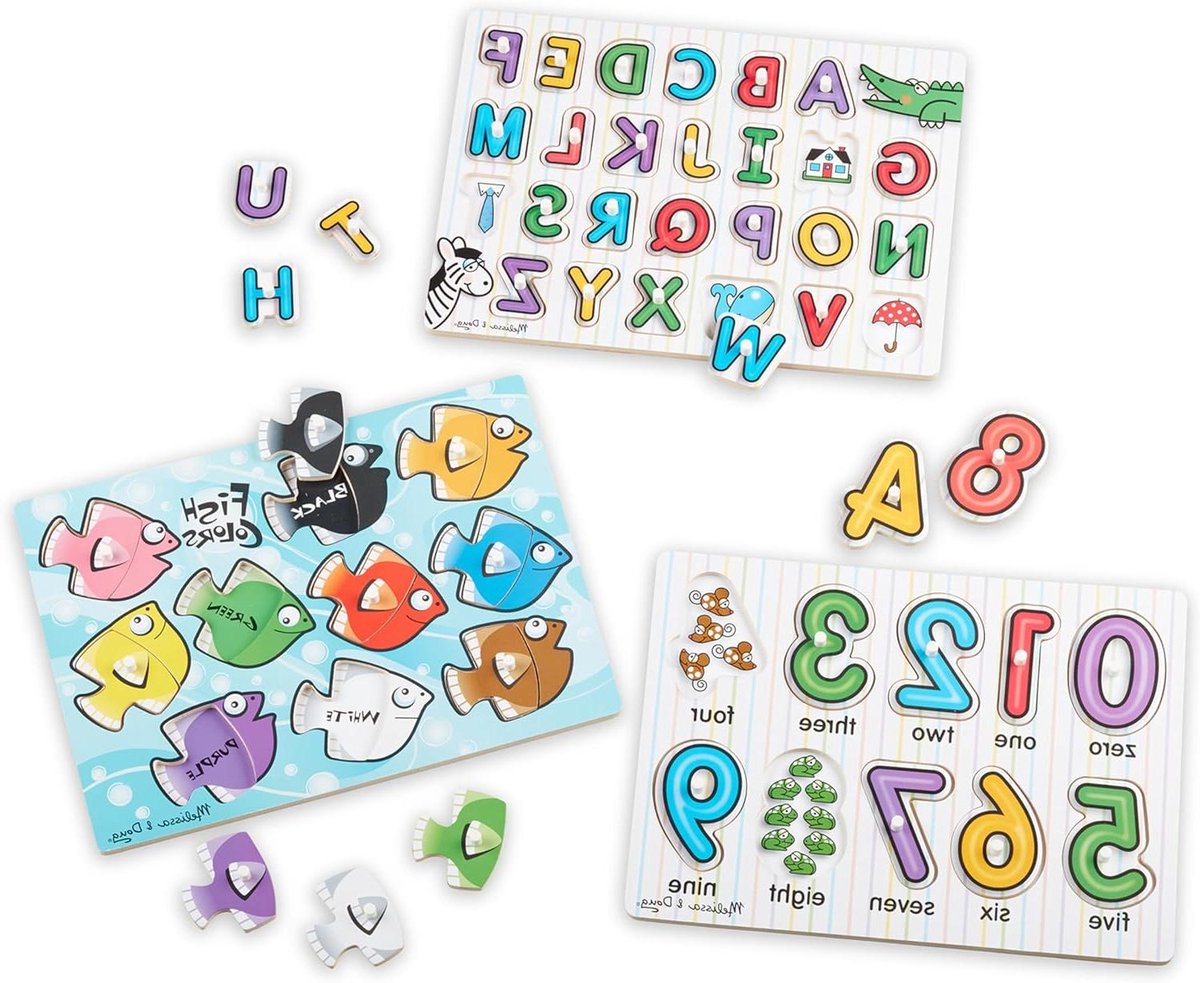 Houten Peg Puzzels - Inlegpuzzel Set - Leren voor School - Alfabet Cijfers Kleuren - 3 Stuks - Meerkleurig