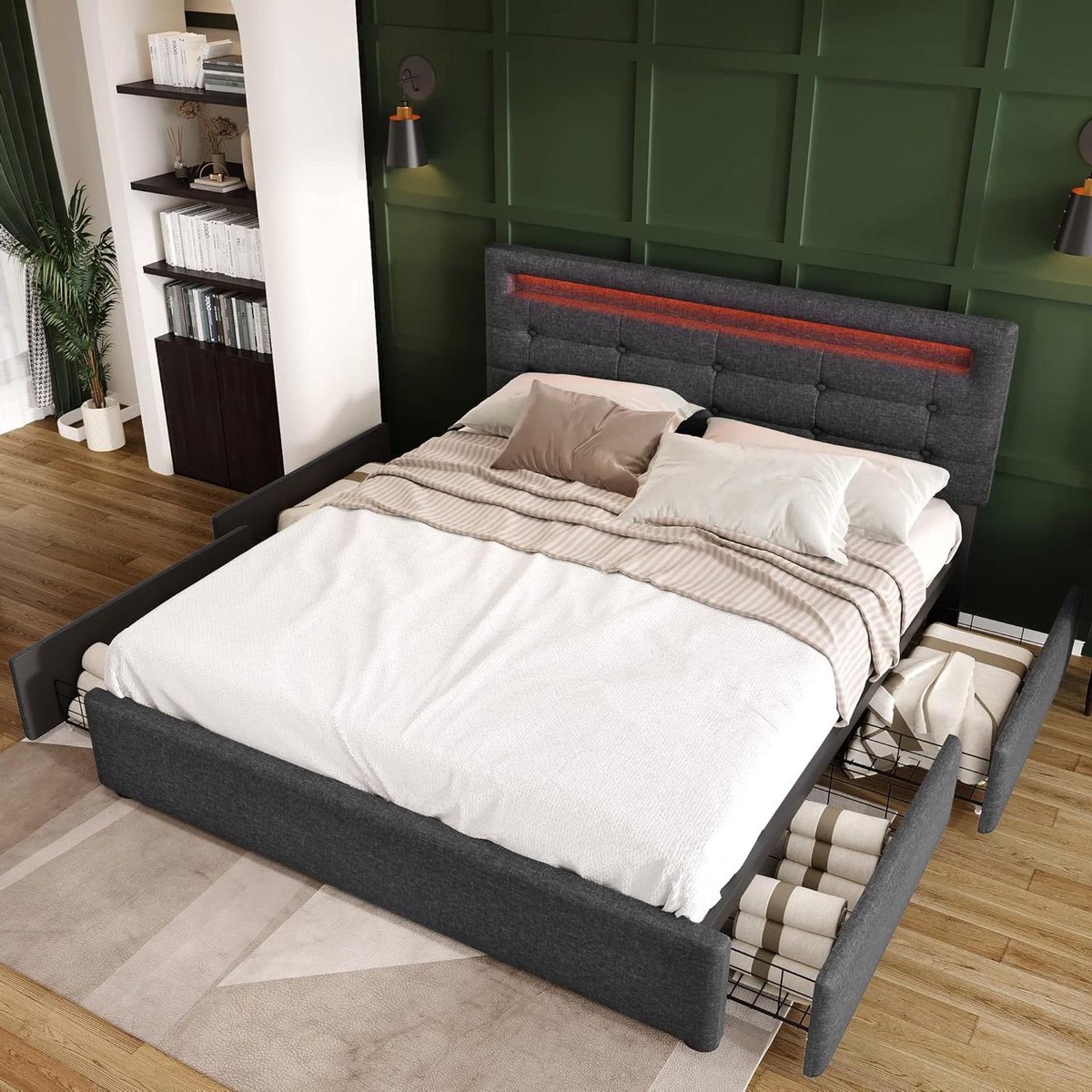 Bedframe met Laden - Gestoffeerd Bed Tweepersoons - Slaapkamer Opruimen - Hoofdeinde met LED - 140 x 200 cm - Grijs