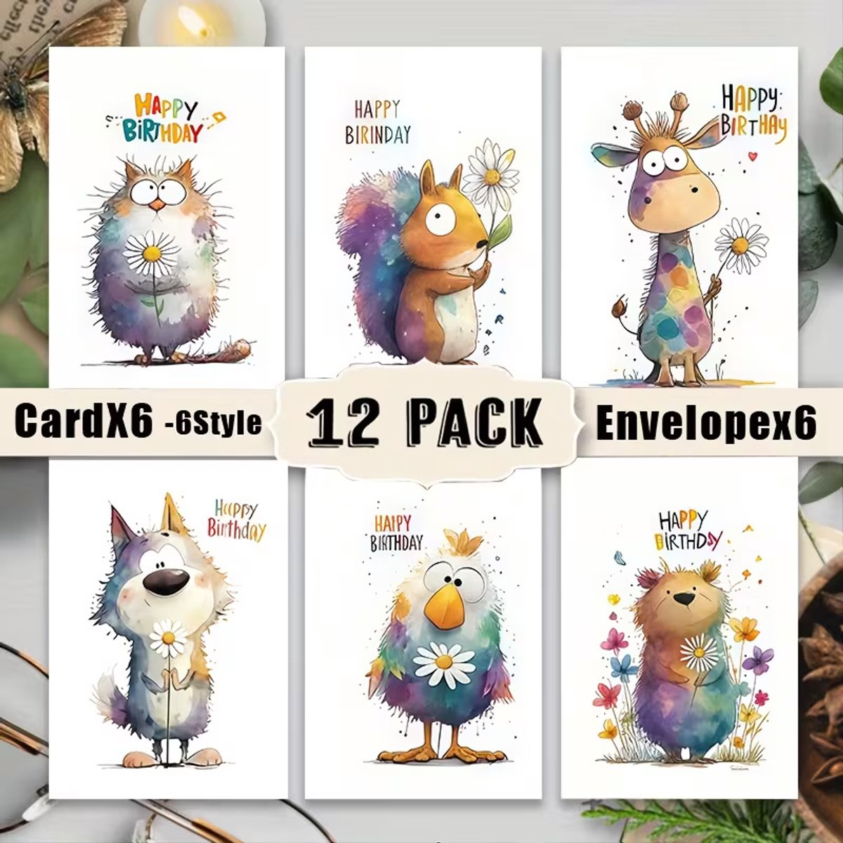 12x Verjaardagskaarten met Enveloppen – Schattige Dieren Designs – Waterverf Kaarten Set voor Kinderen en Volwassenen