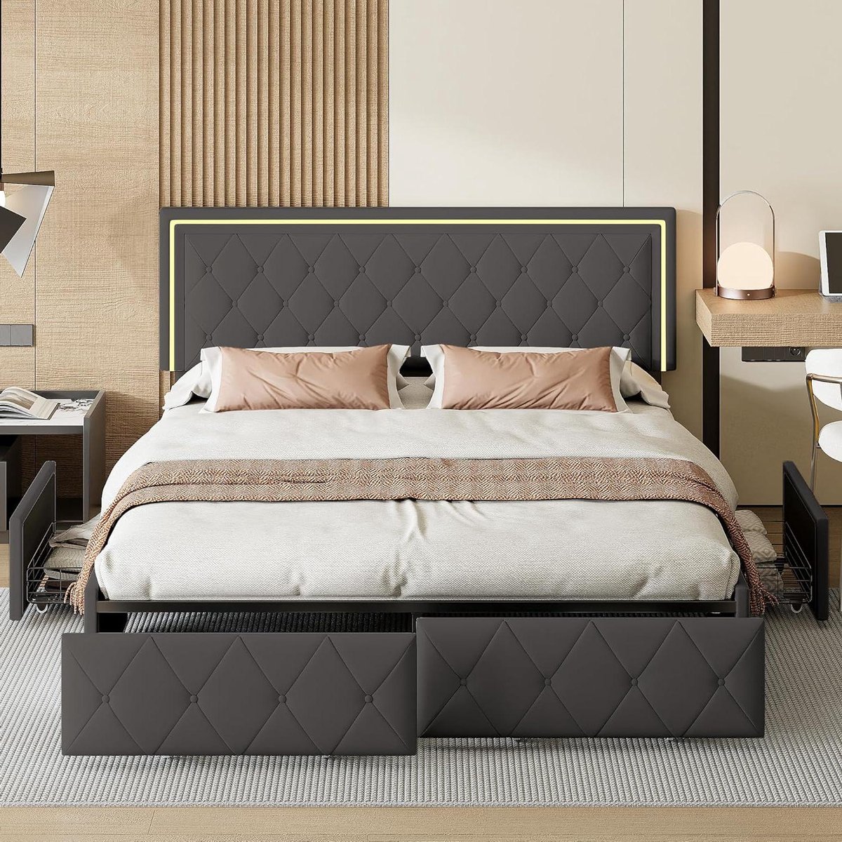 Upholstered Double Bed - Bed Frame - Moderne Slaapkamer - Met LED Verlichting - 140x200cm - Grijs