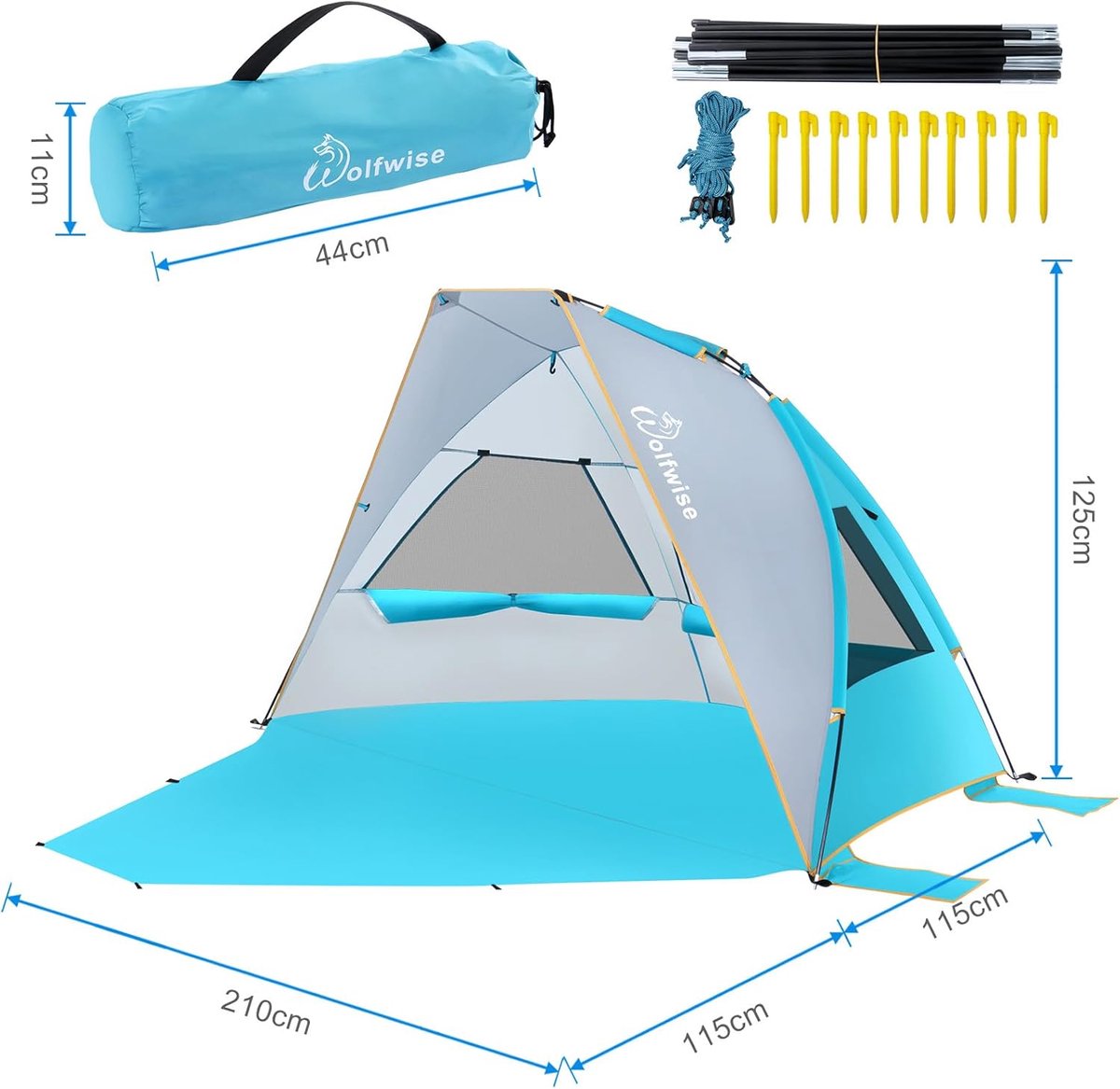 Strandtent Wolfwise Draagbare Strandtent voor 3 Personen - UPF 50+ Zonnescherm - Luifelparaplu met Uitschuifbare Vloer - Blauw Strandtent