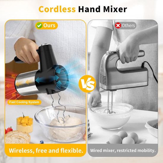 Wireless Hand Mixer, Digital Display, 7 Speeds, USB Rechargeable Electric Hand Mixer with 6 Stainless Steel Attachments, Whisk, Dough Hook and Base — afbeelding 5