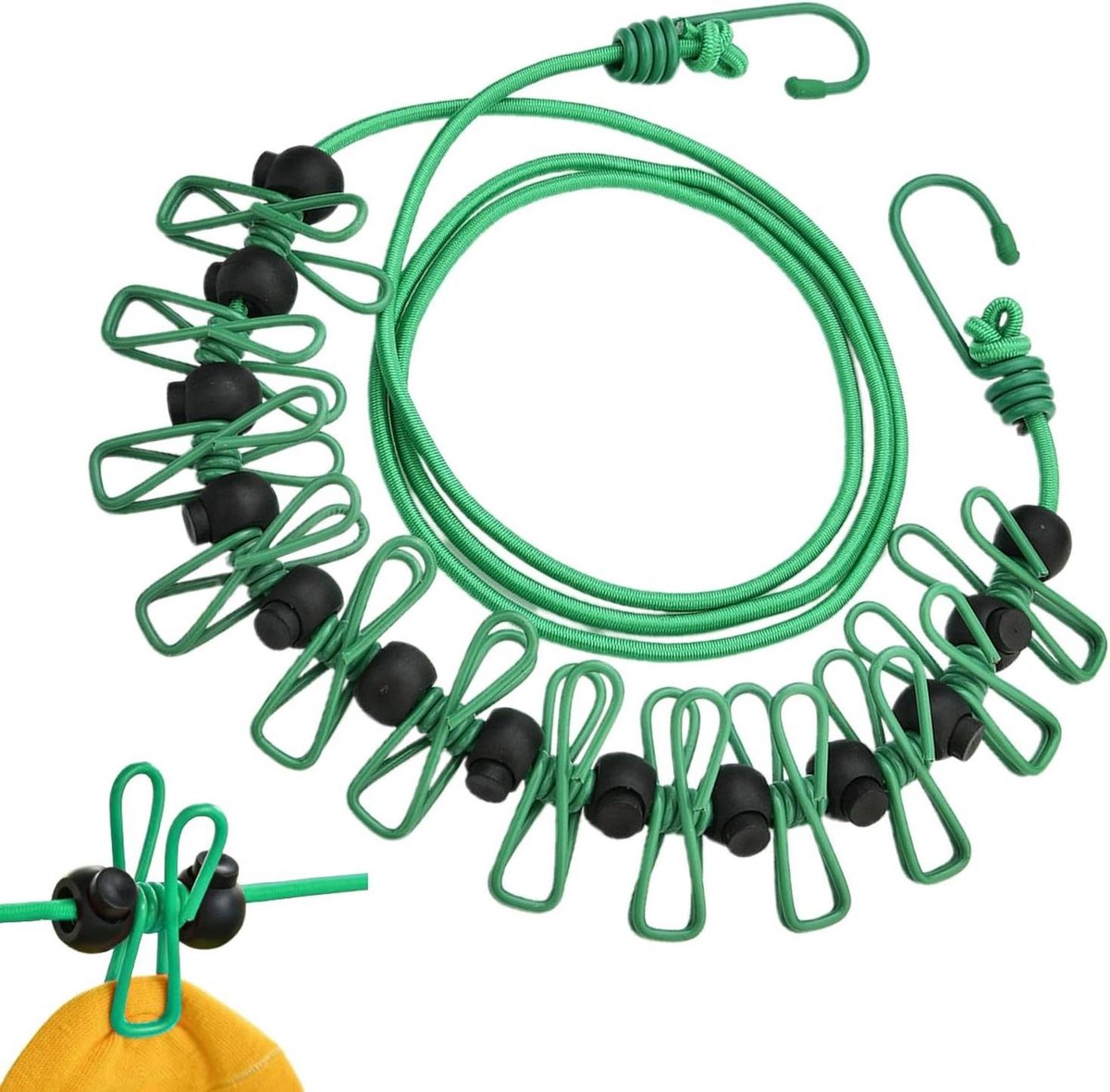 Reiswaslijn - Kleding droger - Kleding drogen - Winddichte clips - Tot 3.7 meter - Groen