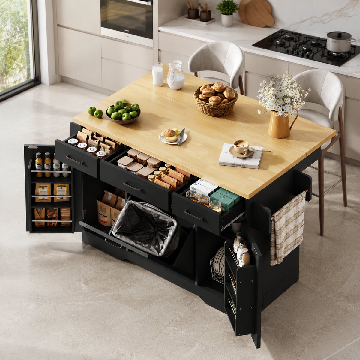 Keukeneiland buffetkast 120 x 45 (70) x 87 cm - Eetwagen - Vrijstaande keukenkasten - Met opbergruimte - Met 3 lades, kruidenrek en vuilnisbak - Voorzien van een opklapbaar werkblad - Vergrendelbare zwenkwielen - Zwart