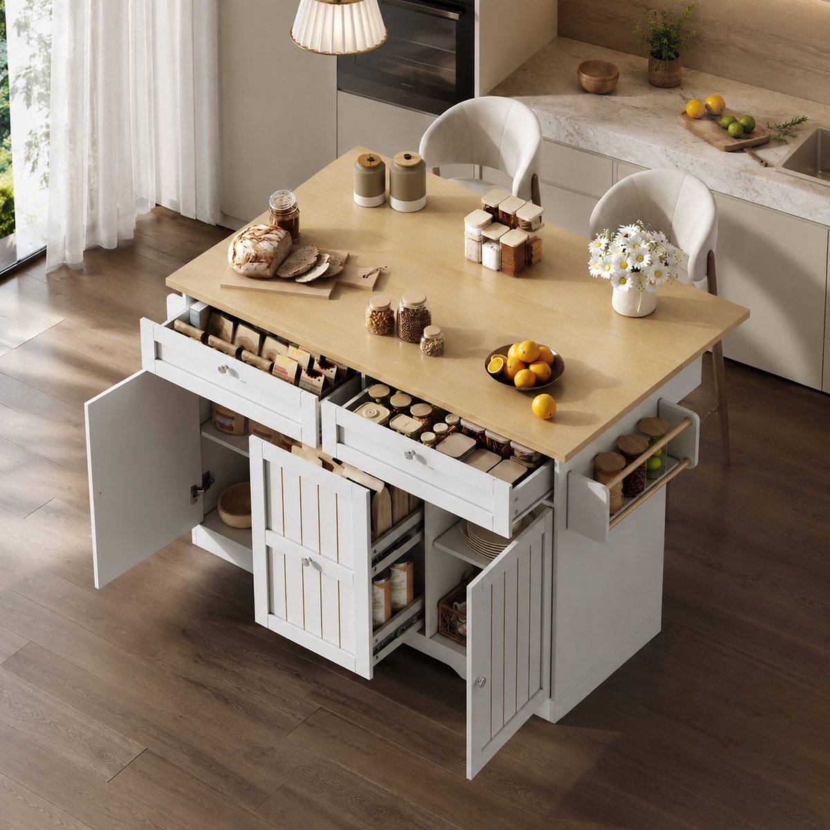 Keukeneiland buffetkast 120 x 45 (70) x 92 cm - Eetwagen - Vrijstaande keukenkasten - Met opbergruimte - Met 2 lades - Voorzien van een opklapbaar werkblad - Vergrendelbare zwenkwielen - Natuurlijk houtkleur, wit