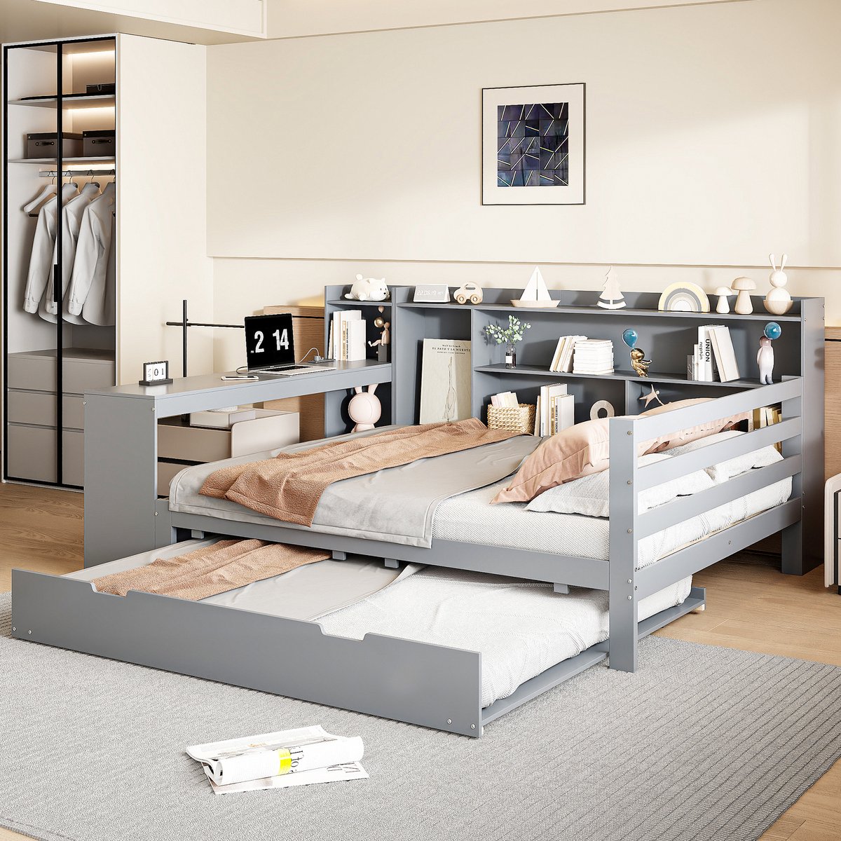 Welltin Massief houten slaapbank, 90x200 cm, met bureau, boekenplanken, opbergvakken en planken, stopcontact, uitschuifbaar bed onder het bed, multifunctioneel houten bed, wit