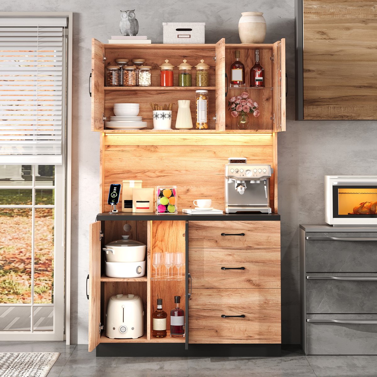 WELLTIN Moderne hoge keukenkast van 105x40x180 cm, zwart met houtlook, LED-verlichting, verstelbare planken en een stopcontact in Europese stijl, geschikt voor keukens, eetkamers, woonkamers - Bruin