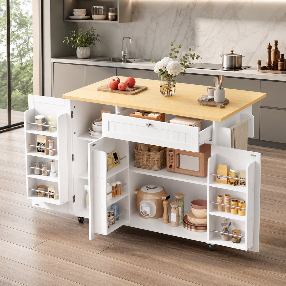 Keukeneiland buffetkast 120 x 45 (70) x 92 cm - Eetwagen - Vrijstaande keukenkasten - Met opbergruimte - Met 1 lades, 3 rekken met deuren - Voorzien van een opklapbaar werkblad - Vergrendelbare zwenkwielen - Natuurlijk houtkleur, wit