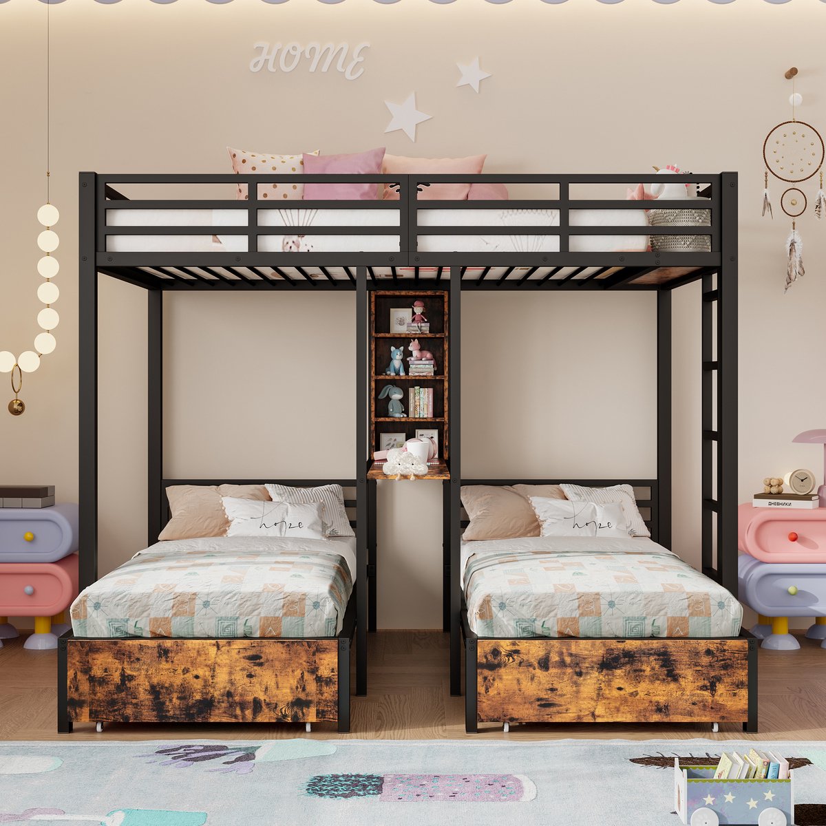 VVBV Kinderstapelbed 140x200 cm + 90x200 cm met Planken, 2 Lades - Zwart - Zonder Matras Black