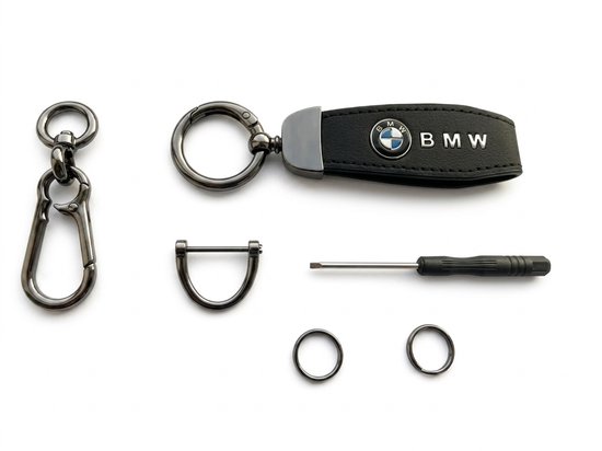 Sleutelhanger geschikt voor BMW - Zwart Leer & Zilver - Met Karabijnhaak