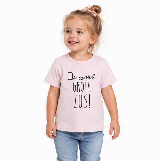 Shirt Ik word grote zus | korte mouw | licht roze | maat 80 zwangerschap aankondiging bekendmaking big sis sister