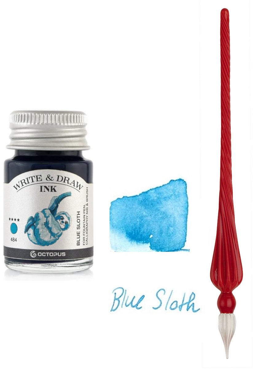 Glazen dip pen set in doosje - Rood - Potje Octopus inkt blauw-blue sloth