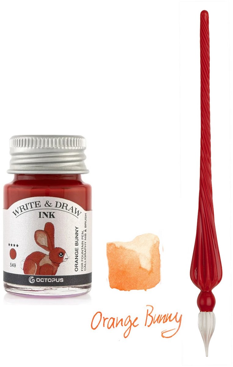 Glazen dip pen set in doosje - Rood - Potje Octopus inkt oranje bunny