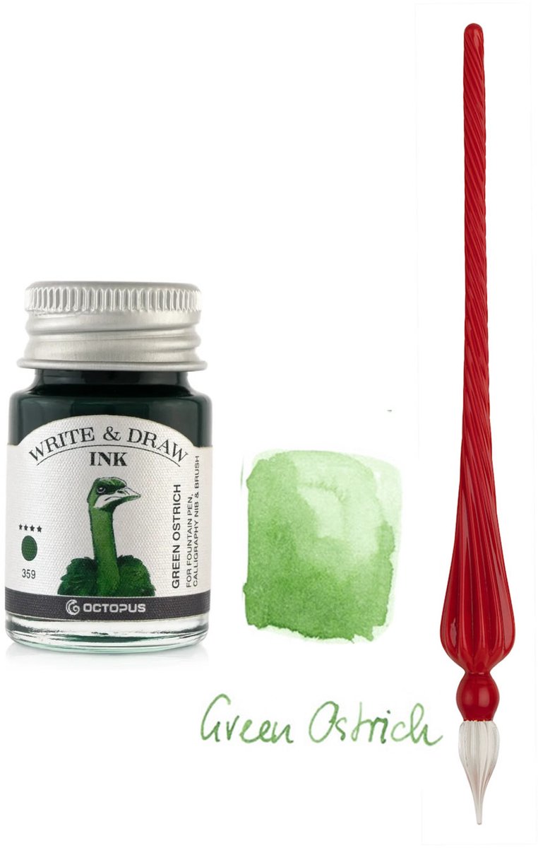 Glazen dip pen set in doosje - Rood - Potje Octopus inkt green ostrich