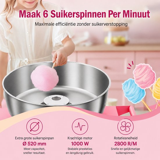 Seth Select Cotton Candy Machine met Kar - Elektrische Suikerspinmaker met Grote RVS Kom - Suikerspinmachine met Trolley - Pink van Seth Select — afbeelding 5