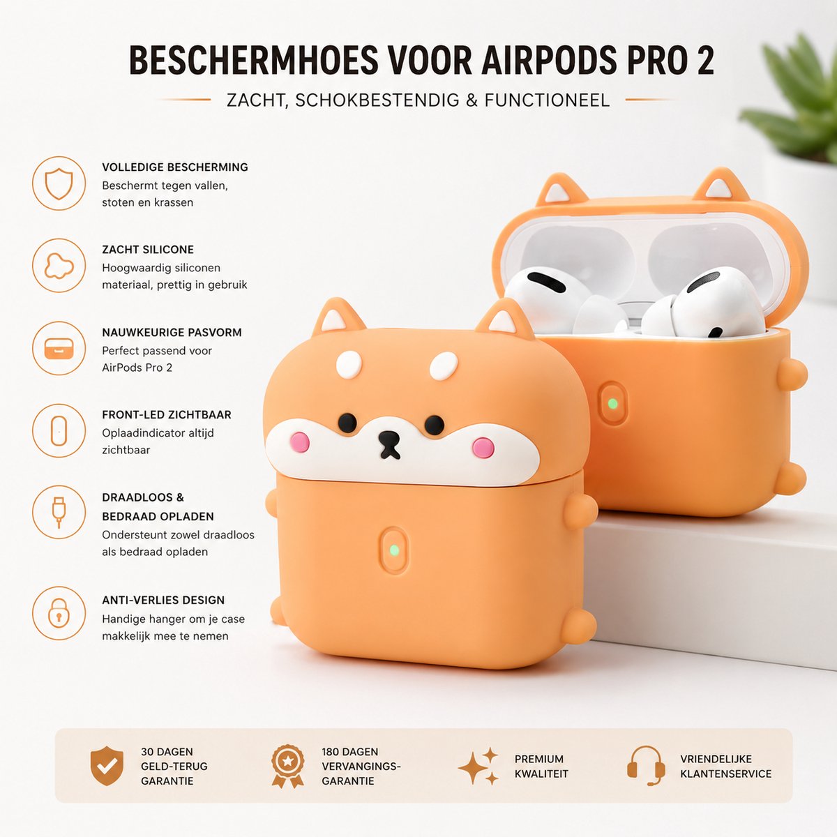 Enluxe Schattige Bruine Shiba Inu Hondje AirPods Pro 2 Case met Pootjes – Beschermhoes met Lief Design, Anti-val Bescherming en Draadloos Opladen