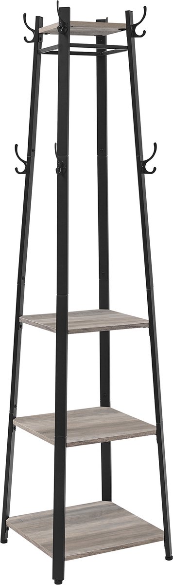 VASAGLE - Kapstok - Kapstok Hout - Kapstok met 4 Planken - 8 Dubbele Haken - Kledingstang - Metalen Frame