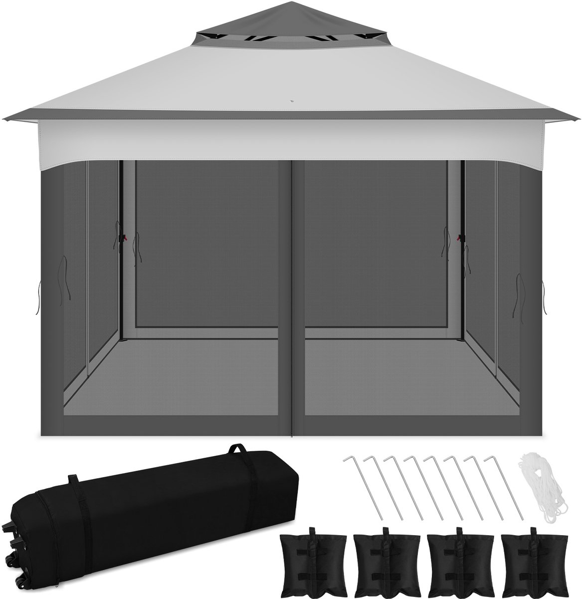 3,3×3,3 m Partytent met klamboe – Snel op te zetten paviljoen met zandzakken en draagtas voor buitengebruik, grijs