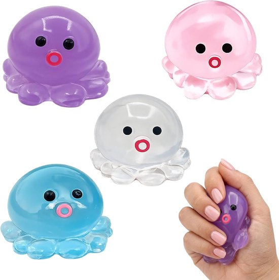 Vier octopus squishies in paars, roze, wit en blauw. Een hand knijpt in een paarse octopus squishy.