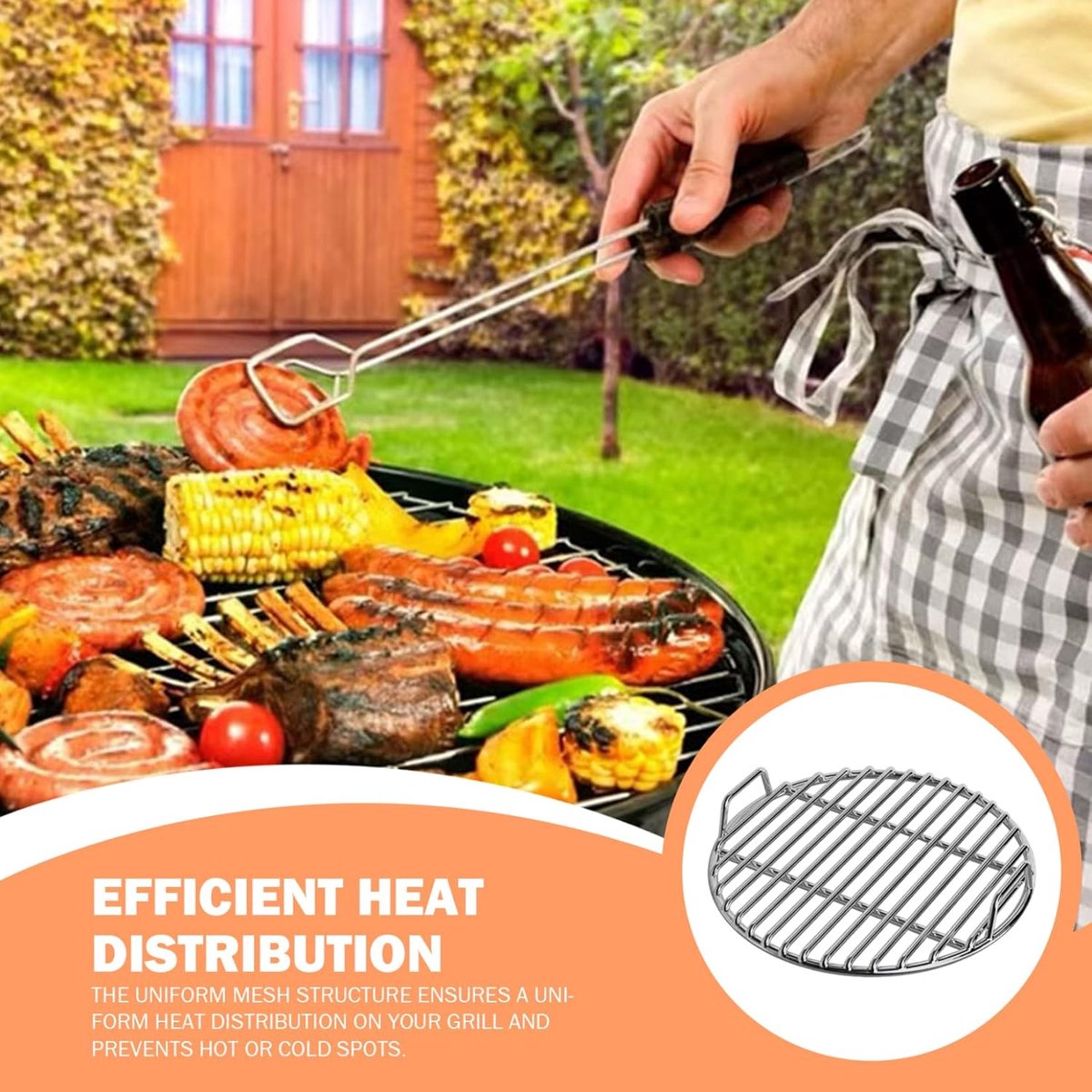Grillrooster – Vervangend grillrooster – Rond roestvrijstalen rooster – Extra dik ontwerp met handgrepen – Geschikt voor houtskoolgrills, smokers, kampvuren en buiten koken – 40 cm – Zilver