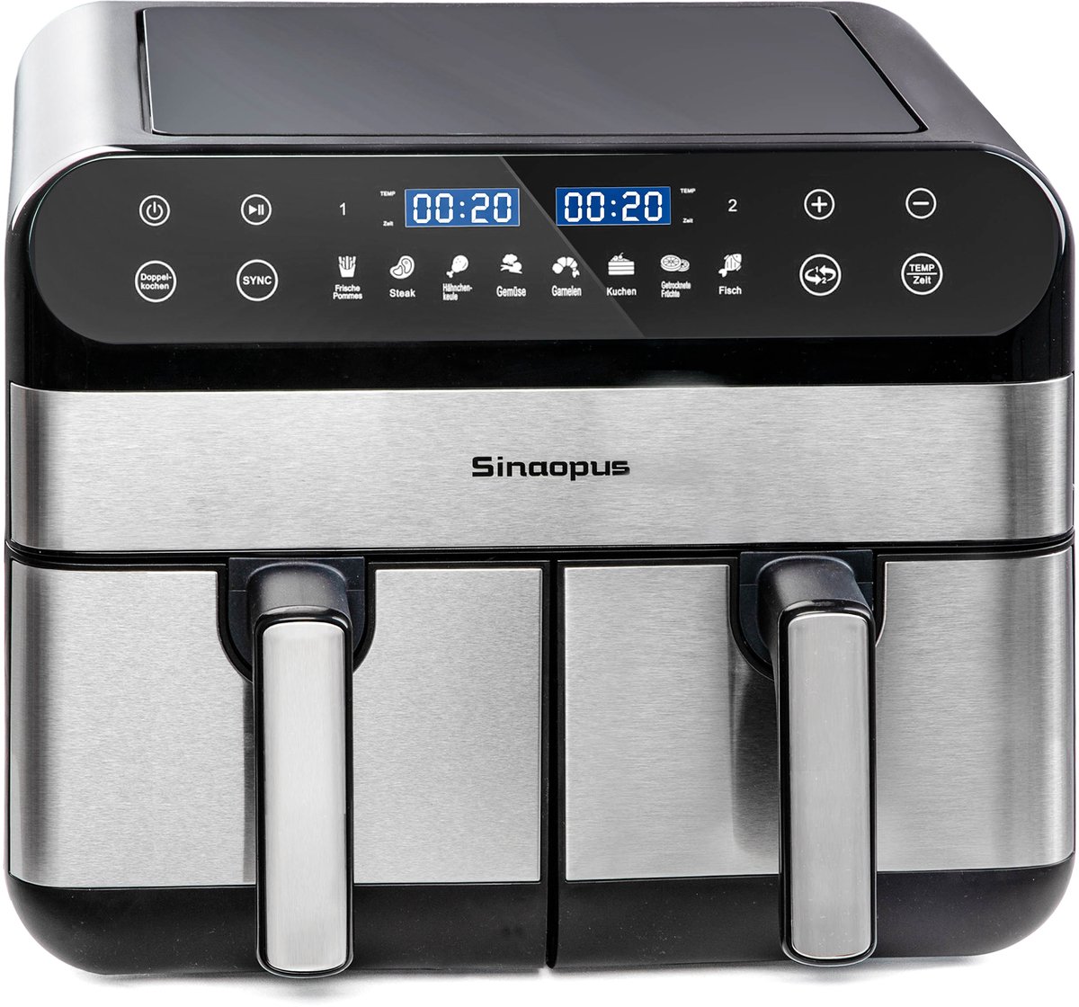 Digitale Airfryer XXL 11L Sinaopus 920 – Heteluchtfriteuse met Dubbele Mand en DualMand Onafhankelijke Snelle Opwarming – Voor Gezinnen – 8 Programma’s – LED Touchscreen – Kijkvenster – Makkelijk te Reinigen – Capaciteit voor 7 Personen