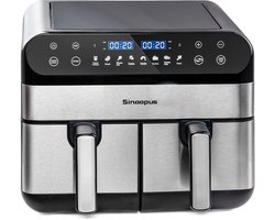 Digitale Airfryer XXL 11L Sinaopus 920 – Heteluchtfriteuse met Dubbele Mand en DualMand Onafhankelijke Snelle Opwarming – Voor Gezinnen – 8 Programma’s – LED Touchscreen – Kijkvenster – Makkelijk te Reinigen – Capaciteit voor 7 Personen
