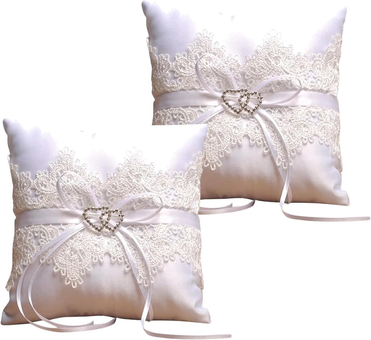 Trouwringkussens Set - Bruiloft Accessoires - Romantische Ceremonie - Dubbel Hart Ontwerp - 15x15 cm - Wit