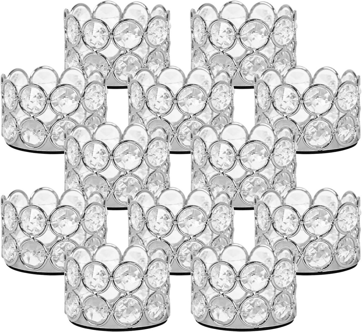 Kristallen Theelichthouders - Kaarshouders Set - Decoratie Tafel - Handgemaakt K9 Kristal - Set van 12 - Zilver