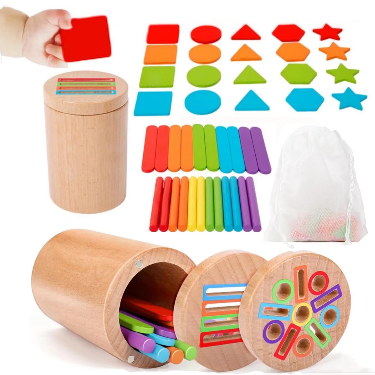 Montessori-speelgoed voor peuters – Houten 3-in-1-set: Kleursorteerbekers, educatief speelgoed, speelgoed voor fijne motoriek (vormen matchen), telpuzzel