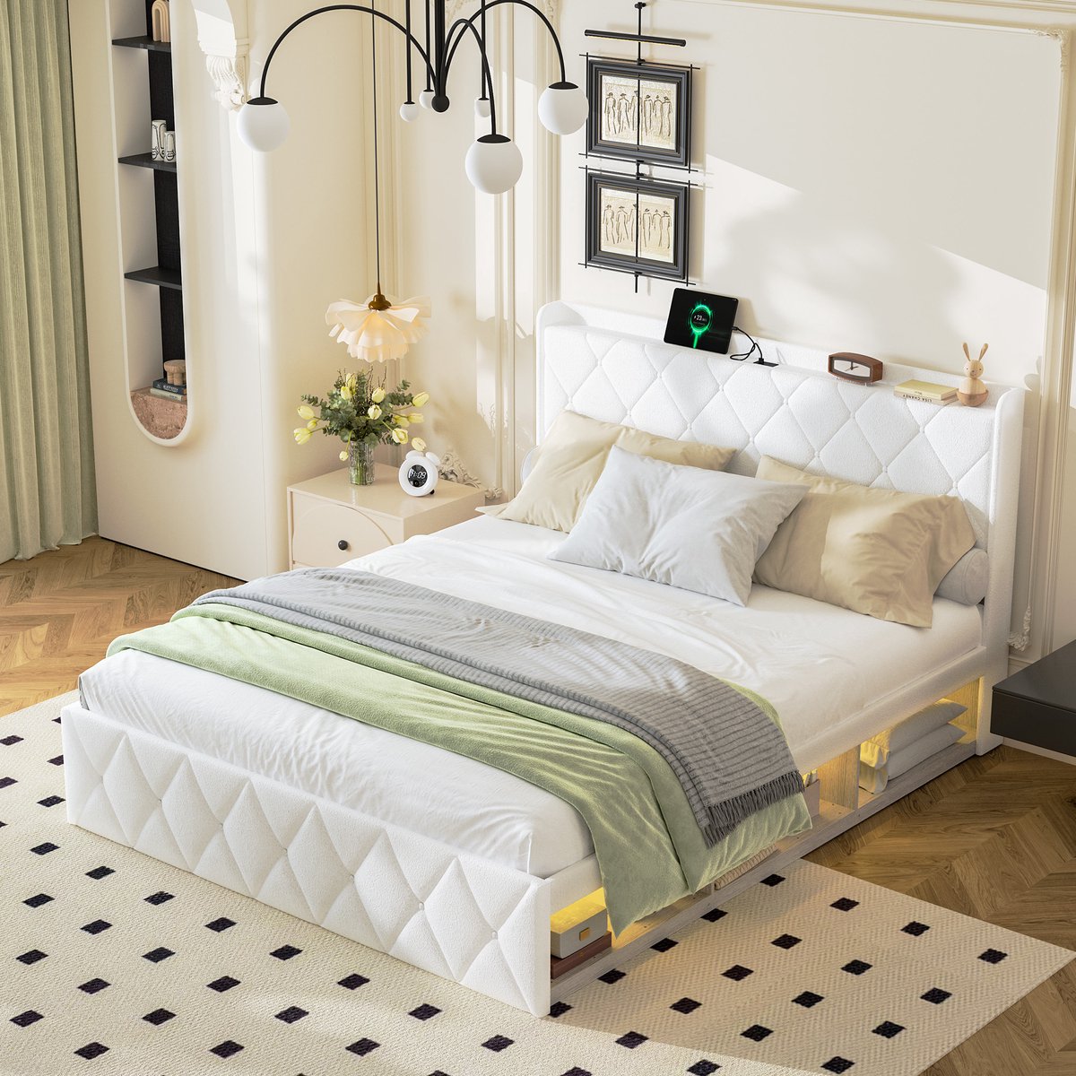 MODFU Gestoffeerd Tweepersoonsbed - Ruitstiksel En Hoofdbord Met Zijpanelen - Met USB-Laadfunctie En Ledverlichting - Teddystof - Wit - 160 X 200 Cm
