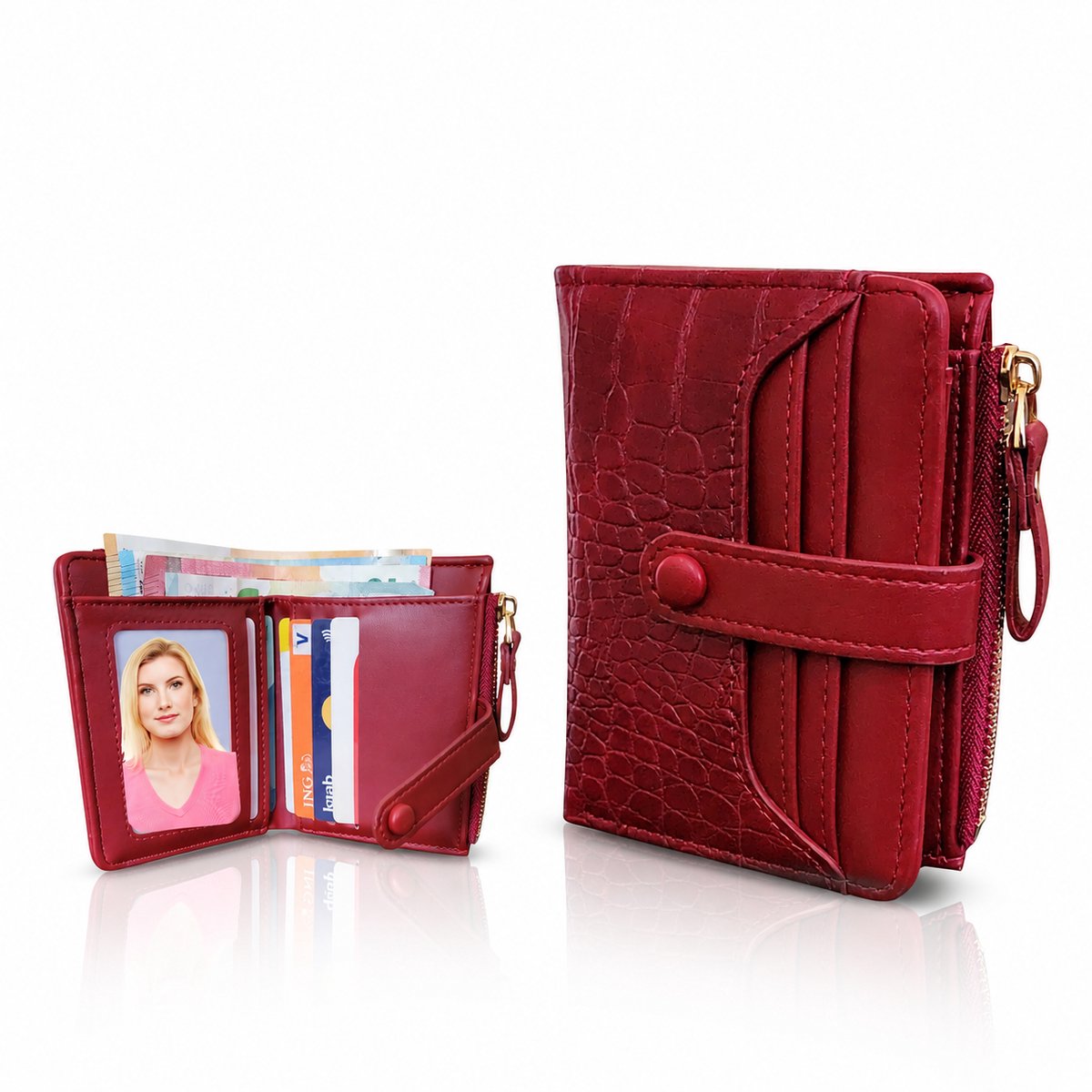Luxamore® Dames Portemonnee Klein Rood – Kaarthouder & Creditcardhouder met Ritssluiting – Krokodillenprint Kunstleer – Compacte Portemonnee met Muntvak