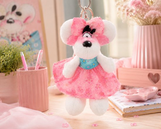 Diddl - pluchen sleutelhanger - 15cm - stevige metalen sleutelring - Diddlina in roze