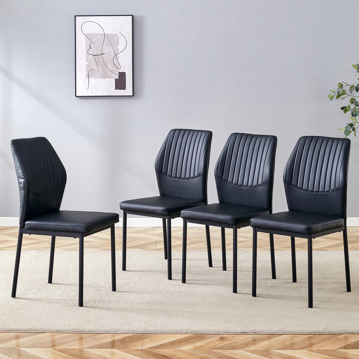 MODENUIT Eetkamerstoel - Set van 4 - Verticale Rugleuning - Voor Eetkamer en Woonkamer - Metaal en PU - Zwart