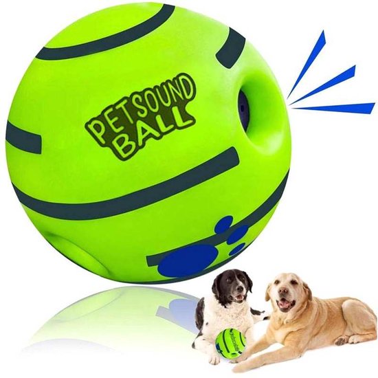Lichtgroene interactieve bal met donkerblauwe strepen en blauwe stippen. Tekst 'PETSOUND BALL'. Twee honden liggen ernaast.