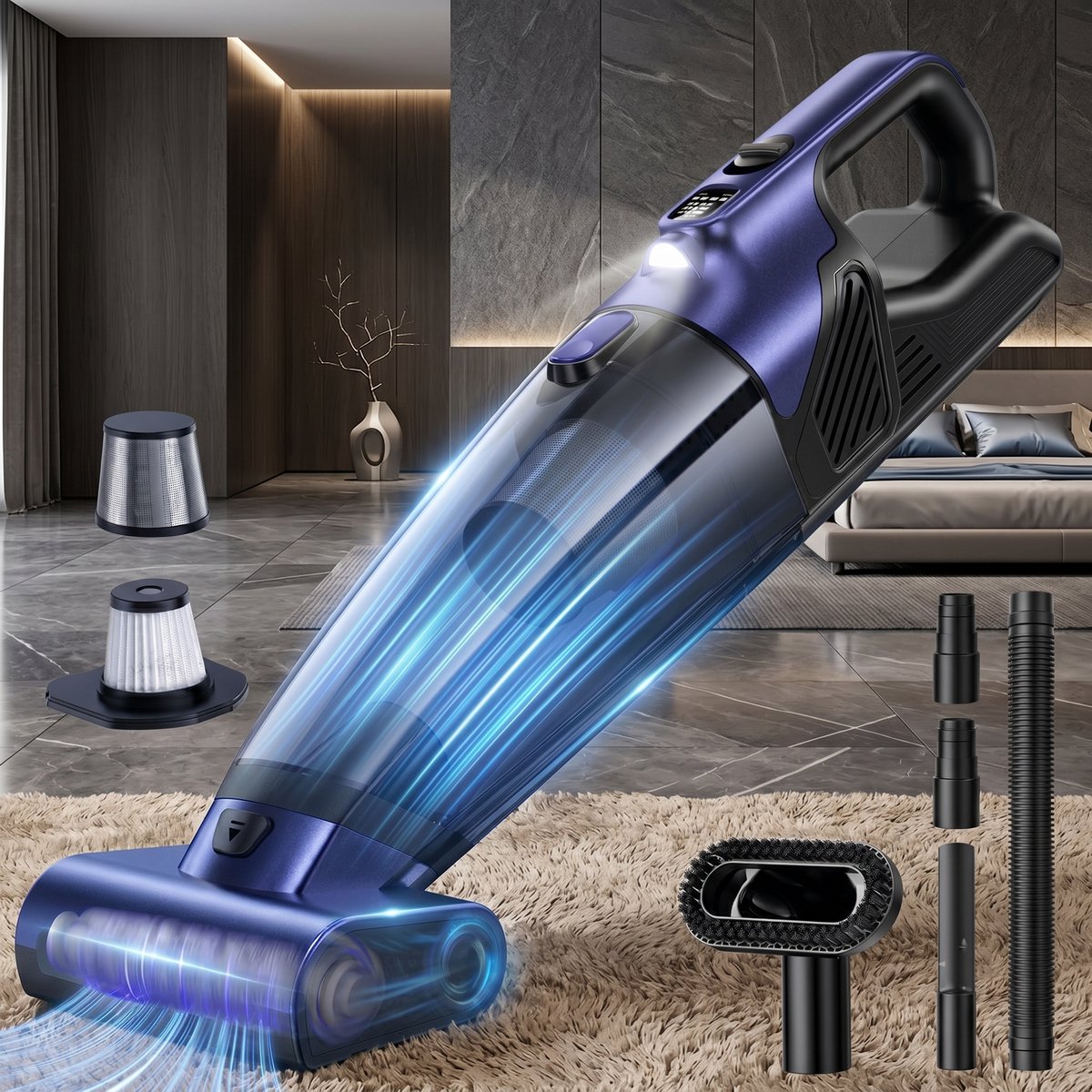 MUPOO draadloze handstofzuiger 20000Pa - kruimeldief voor Dierenharen met 720 ml Stofreservoir - Motorborstel-Wasbaar HEPA-filter -Type-C oplaadbaar-kruimelzuiger voor Auto, Bank, Tapijt en Trap
