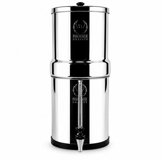 Phoenix Gravity 8 liter RVS waterfilter met de RVS Vision Tap kraan tegen een witte achtergrond