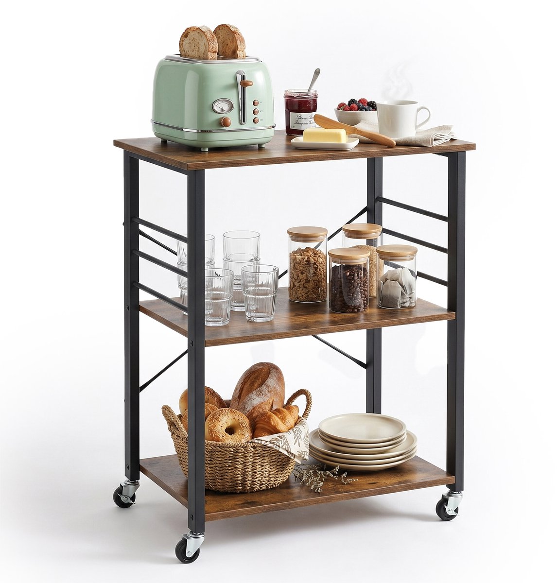 Keukenwagen - industrieel - donkerbruin - zwart - 60x89x40 cm - met opbergruimte