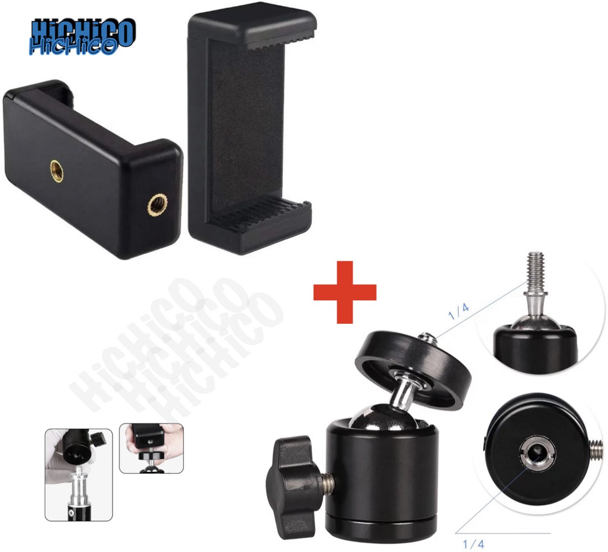 Statiefkop - 360 Graden Ball Head Statief - Camera Adapter - Mini Balhoofd - 360 ° Draaigreep horizontaal voor Smartphone Statief Camerastatief - ¼” mini ball head - Balhoofd + Telefoonhouder - Universele Telefoonhouder voor statief