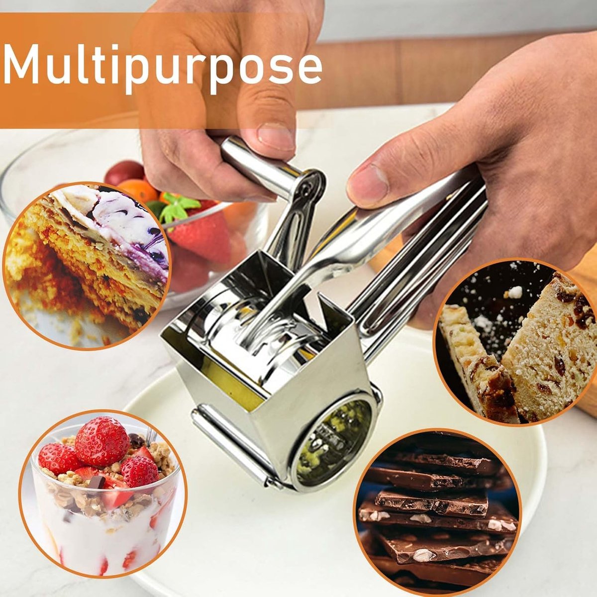 Oneay Deze multifunctionele, handmatig bediende kaasrasp van roestvrij staal is geschikt voor zachte en harde kazen, chocolade, noten, pistachenoten, amandelen, enz.