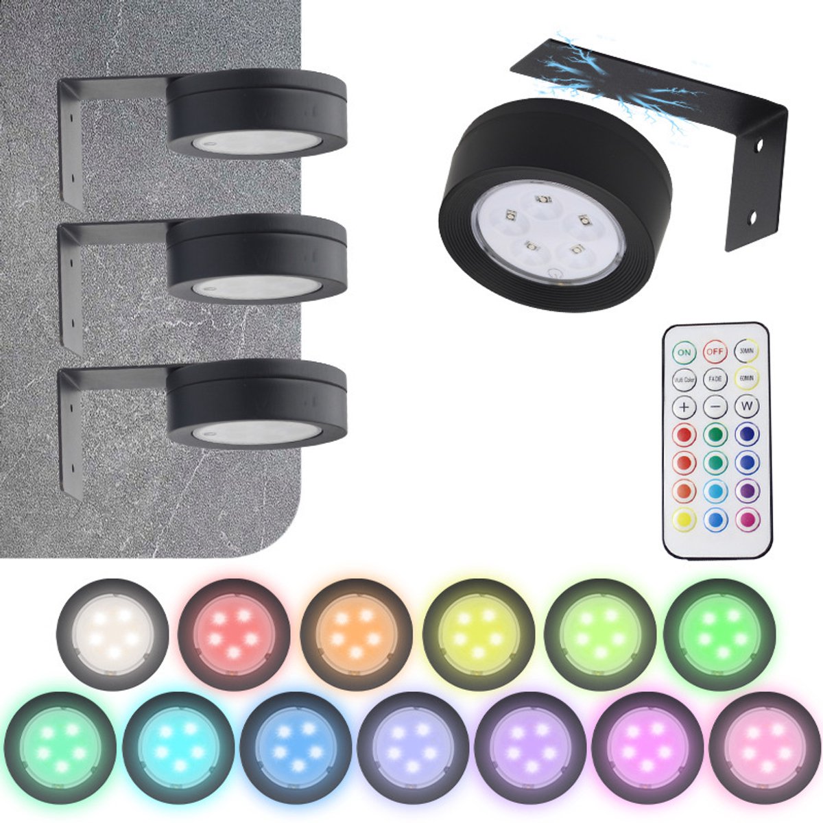 Oneay Magnetische LED-kunstverlichting (set van 3 met 1 afstandsbediening) — Sfeerverlichting, woondecoratie, nachtlampjes, wand- & trapverlichting, magnetische pucklampjes