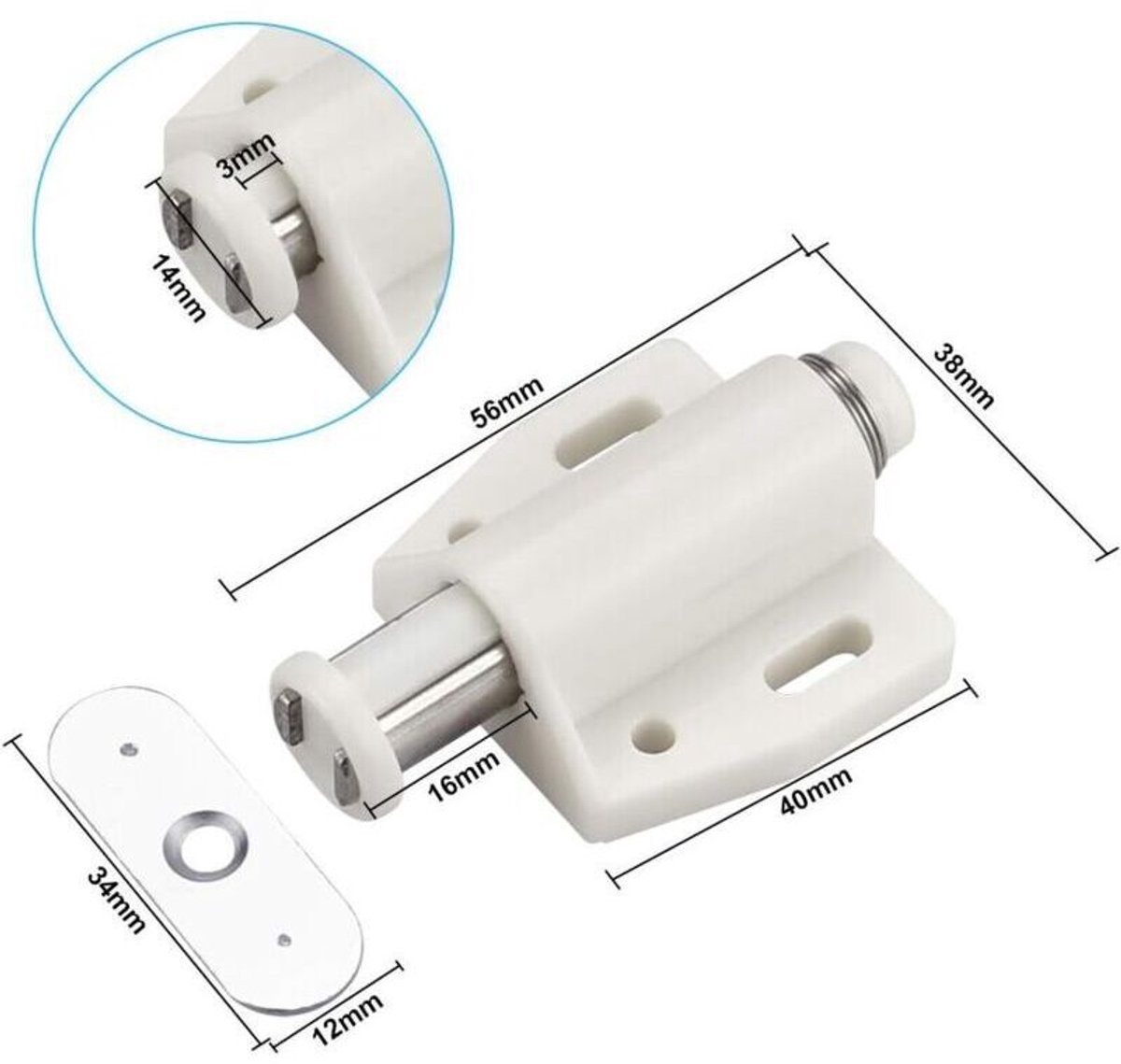 6 witte, soft-close, magnetische drukknopsluitingen van kunststof.