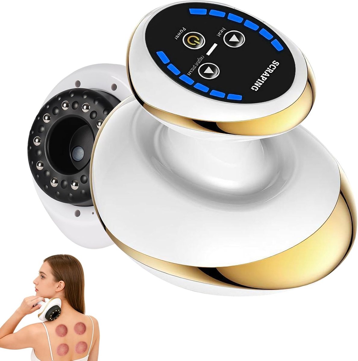 carmdering - 4-In-1 Massageapparaat - Elektrisch Cupping Apparaat met Vacuümfunctie - Warmtefunctie - Roestvrij Staal met Magnetische Massagekogels - Ergonomisch Draadloos Ontwerp - 1 Stuk