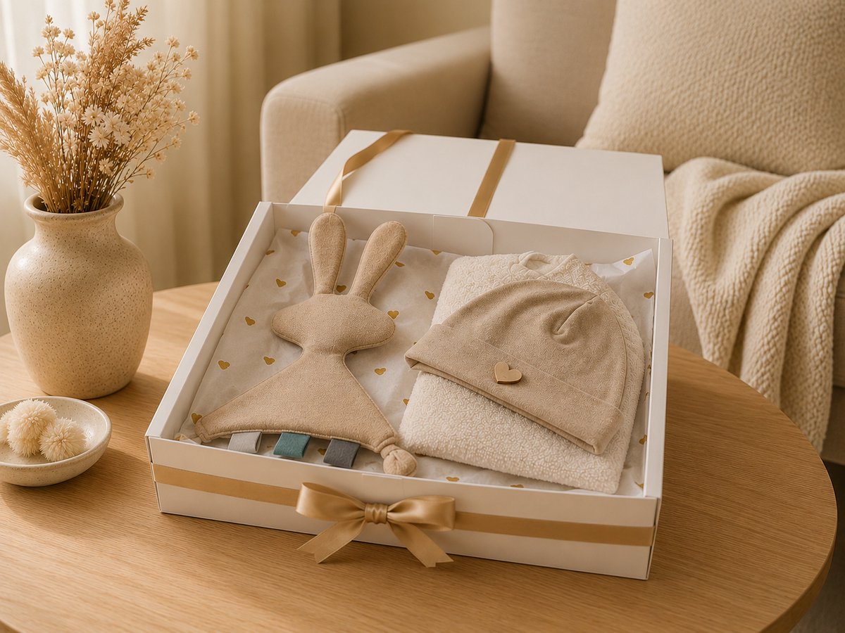 Blijeitje - Kraamcadeau Baby – Luxe Baby Giftbox Neutraal – Tutpop, Slab & Muts – Geboortecadeau